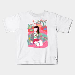 Girl sitting alone in the grass by the river Kids T-Shirt